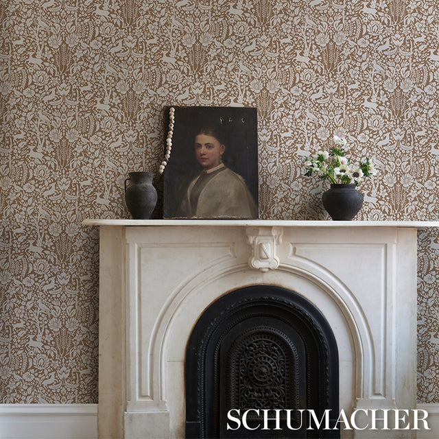 Deerfield Mocha by Schumacher Whimsical Woodland Animal Wallpaper – Schumacher 5016260