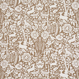 Deerfield Mocha wallpaper by Schumacher featuring hand-painted woodland animals and floral silhouettes in a whimsical, mocha and white colorway.