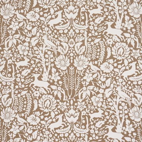 Deerfield Mocha wallpaper by Schumacher featuring hand-painted woodland animals and floral silhouettes in a whimsical, mocha and white colorway.