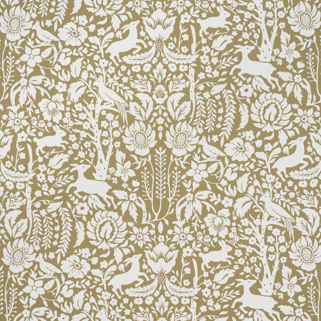 Deerfield Moss wallpaper by Schumacher featuring hand-painted woodland animals and floral silhouettes in a whimsical, surface-printed design.