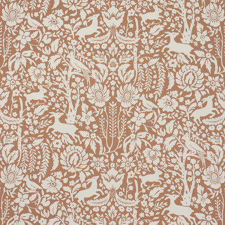 Deerfield Spice wallpaper by Schumacher featuring whimsical woodland animals and floral silhouettes in a hand-painted style.