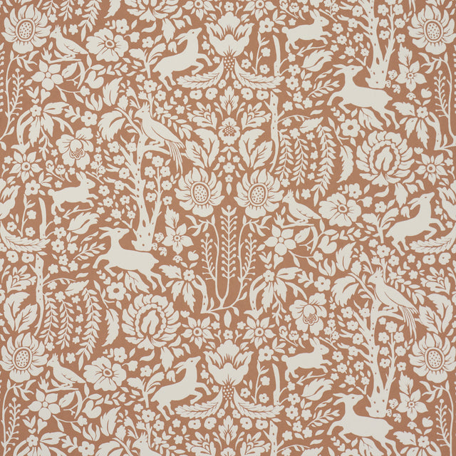 Deerfield Spice wallpaper by Schumacher featuring whimsical woodland animals and floral silhouettes in a hand-painted style.