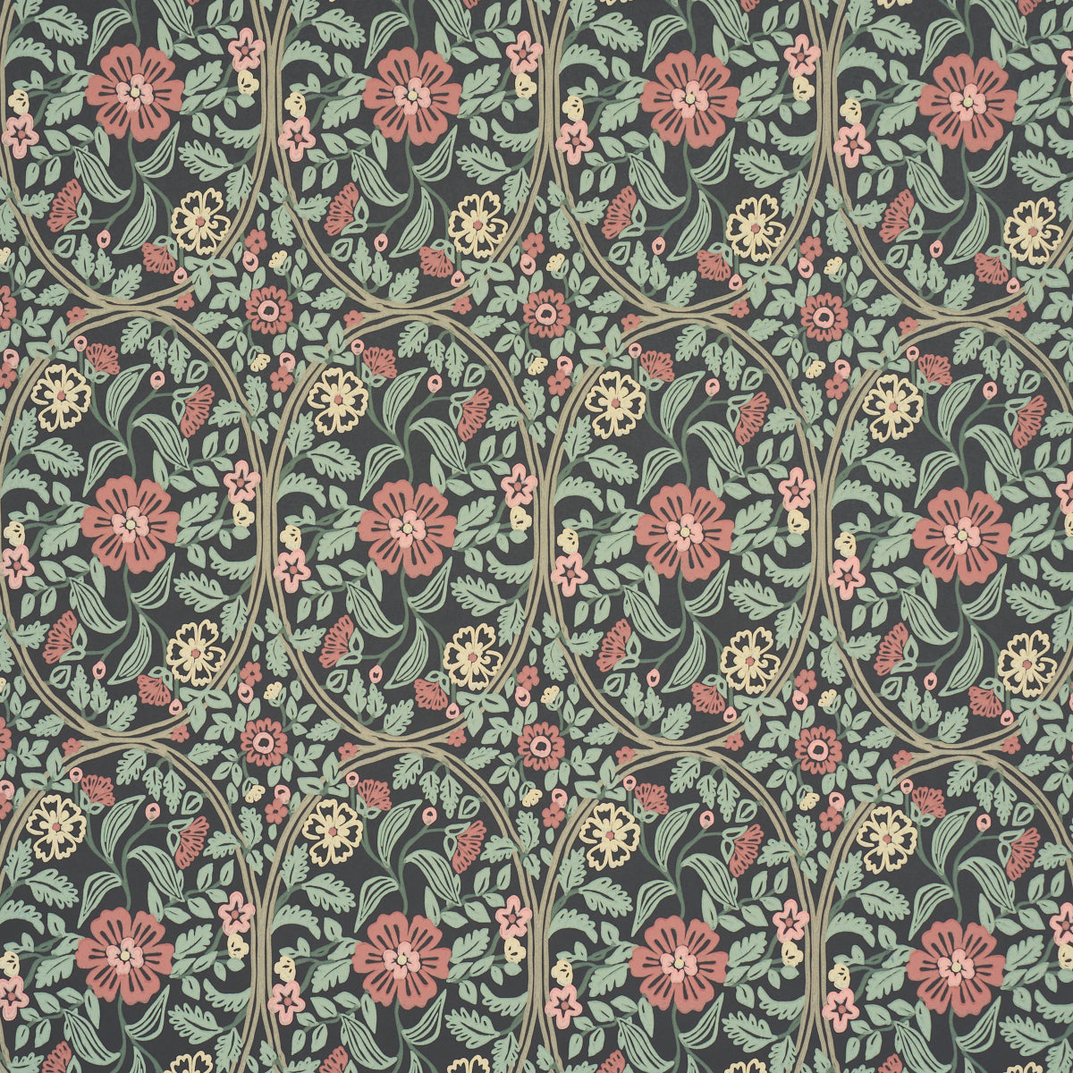 Garden Guild Midnight wallpaper by Schumacher featuring a large-scale floral botanical pattern in green, pink, and cream on a dark background.