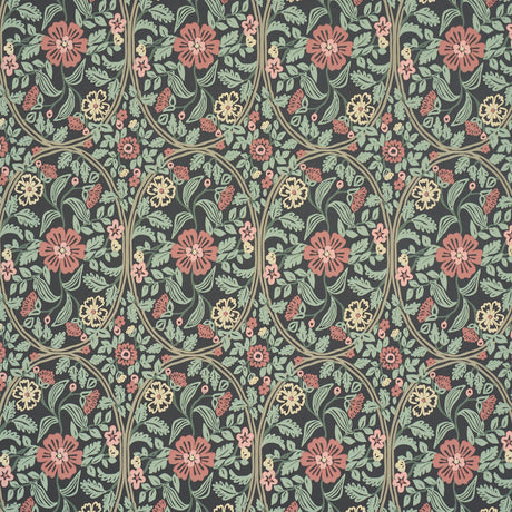 Garden Guild Midnight wallpaper by Schumacher featuring a large-scale floral botanical pattern in green, pink, and cream on a dark background.