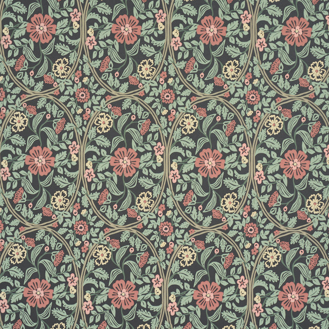 Garden Guild Midnight wallpaper by Schumacher featuring a large-scale floral botanical pattern in green, pink, and cream on a dark background.