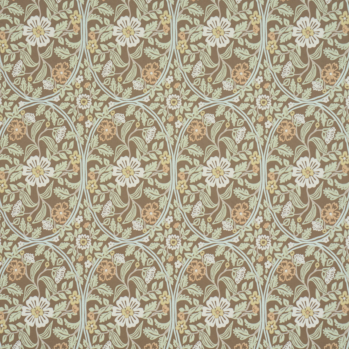 Garden Guild wallpaper in sage by Schumacher, featuring a large-scale floral botanical pattern in green, cream, and brown tones.