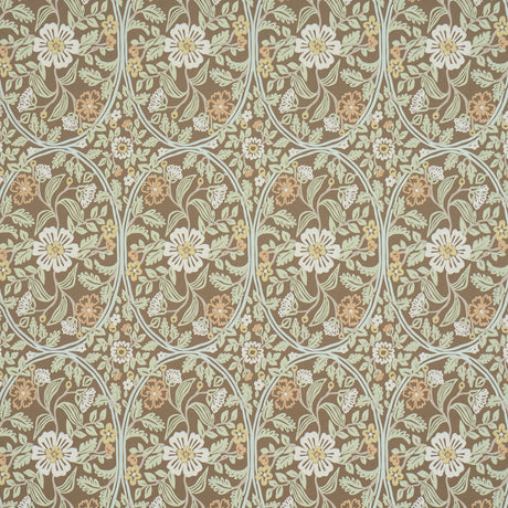 Garden Guild wallpaper in sage by Schumacher, featuring a large-scale floral botanical pattern in green, cream, and brown tones.