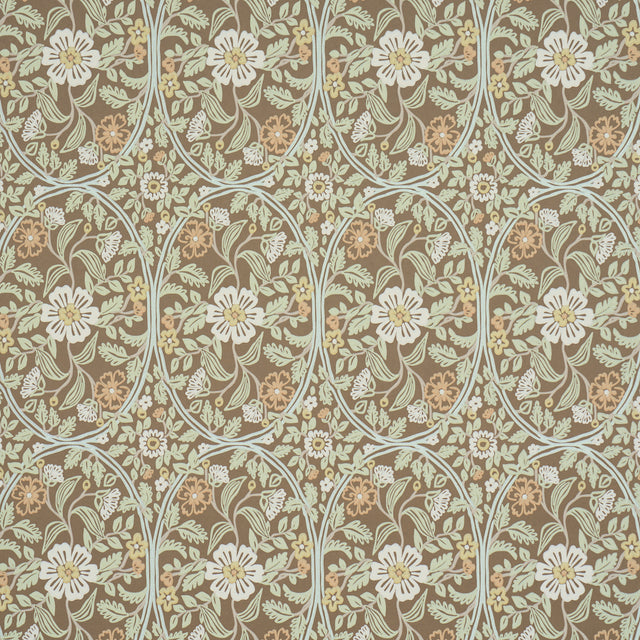 Garden Guild wallpaper in sage by Schumacher, featuring a large-scale floral botanical pattern in green, cream, and brown tones.