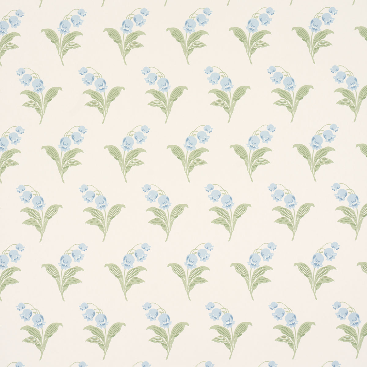 Lily of the Valley Bluebell floral wallpaper by Schumacher, classic hand-painted style with blue and green botanical pattern on cream background.