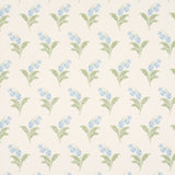Lily of the Valley Bluebell floral wallpaper by Schumacher, classic hand-painted style with blue and green botanical pattern on cream background.