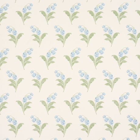 Lily of the Valley Bluebell floral wallpaper by Schumacher, classic hand-painted style with blue and green botanical pattern on cream background.