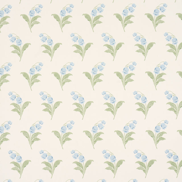 Lily of the Valley Bluebell floral wallpaper by Schumacher, classic hand-painted style with blue and green botanical pattern on cream background.