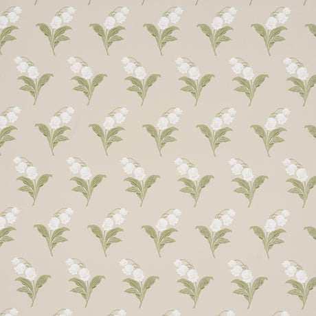 Lily of the Valley wallpaper in Spring colorway by Schumacher, featuring hand-painted floral design in green and white on a neutral background.