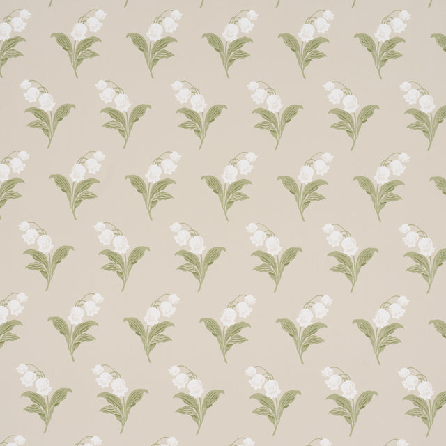 Lily of the Valley wallpaper in Spring colorway by Schumacher, featuring hand-painted floral design in green and white on a neutral background.