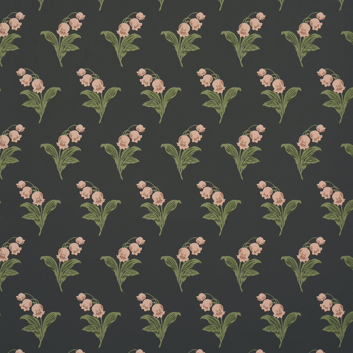 Lily of the Valley floral wallpaper in midnight colorway by Schumacher, featuring hand-painted style flowers on a dark background.