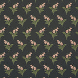 Lily of the Valley floral wallpaper in midnight colorway by Schumacher, featuring hand-painted style flowers on a dark background.