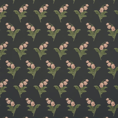 Lily of the Valley floral wallpaper in midnight colorway by Schumacher, featuring hand-painted style flowers on a dark background.