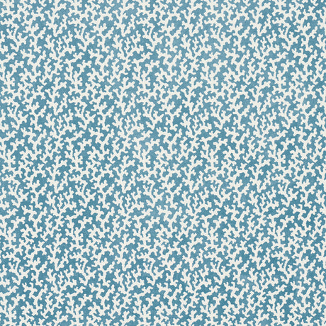 FOLLY Marine by Veere Grenney for Schumacher. Allover coral-like blue and white wallpaper pattern in a bathroom interior.