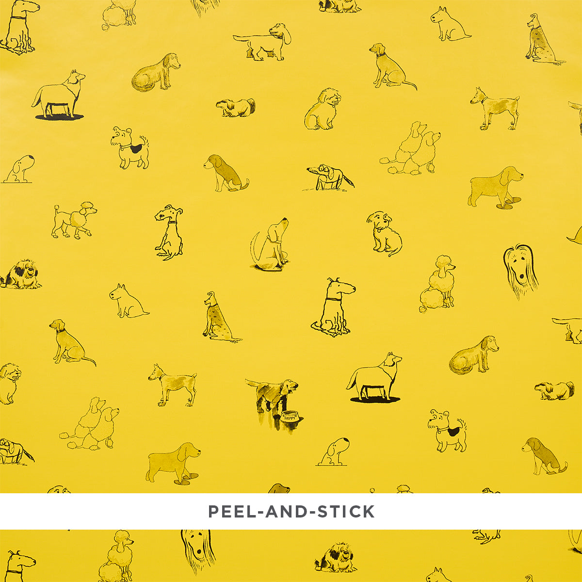 Good Dogs Everywhere peel-and-stick wallpaper in Taxi-Cab Yellow featuring cartoon dog illustrations from The New Yorker collection by Schumacher.