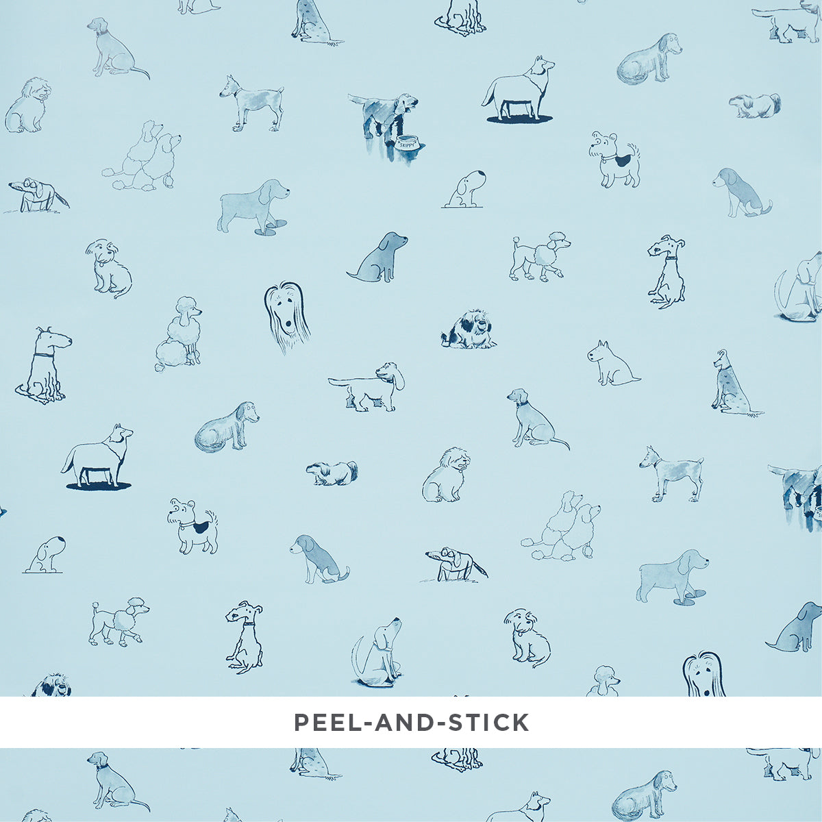 Good Dogs Everywhere peel-and-stick wallpaper in sky and navy blue featuring charming dog illustrations from The New Yorker collection by Schumacher.