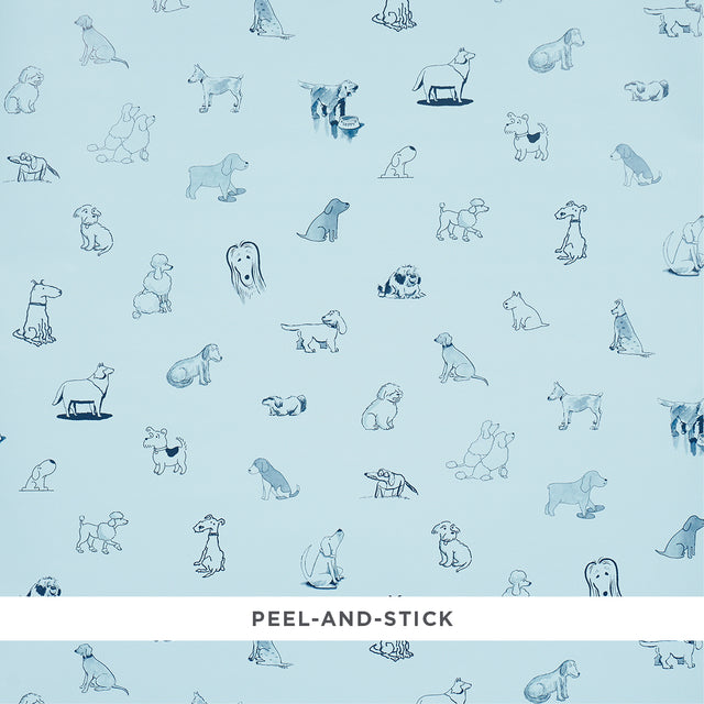 Good Dogs Everywhere peel-and-stick wallpaper in sky and navy blue featuring charming dog illustrations from The New Yorker collection by Schumacher.