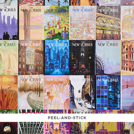 The New Yorker City-View Covers peel-and-stick wallpaper featuring a collage of iconic New Yorker magazine covers in vibrant multicolor, installed in a modern interior.