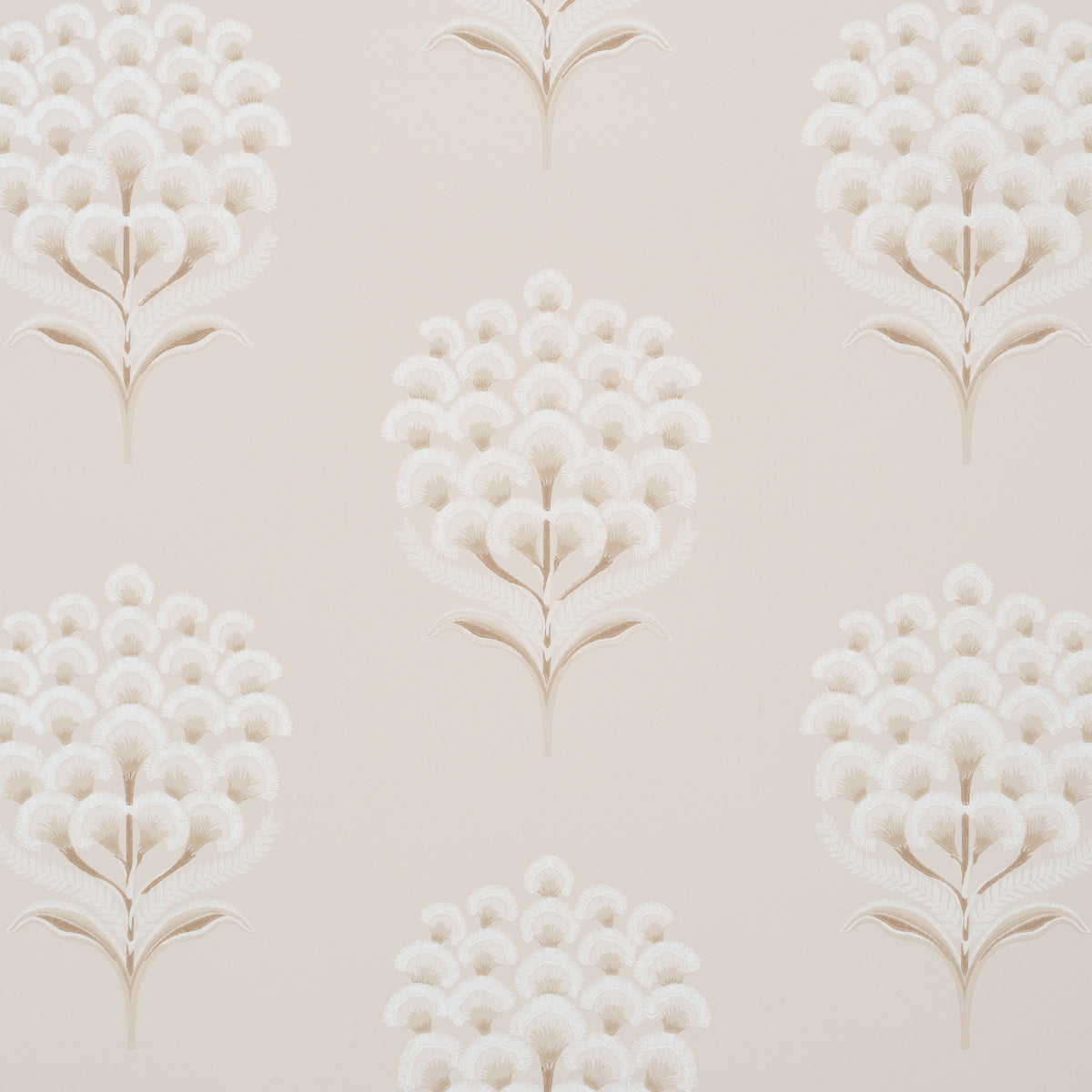Aurelia Limestone wallpaper by Schumacher featuring large-scale stylized botanical blossoms in soft neutral tones, surface-printed for texture and dimension.