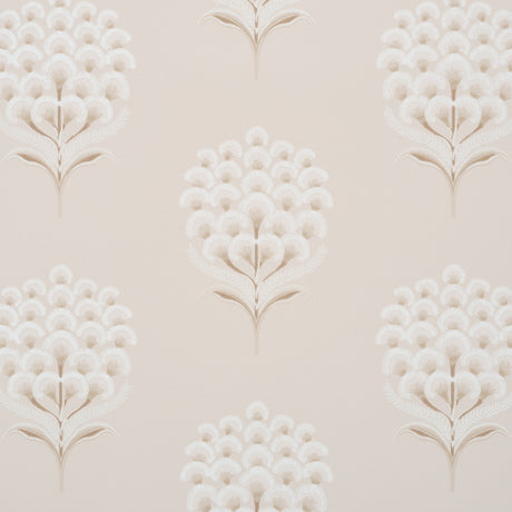 Aurelia Limestone wallpaper by Schumacher featuring large-scale stylized botanical blossoms in soft neutral tones, surface-printed for texture and dimension.