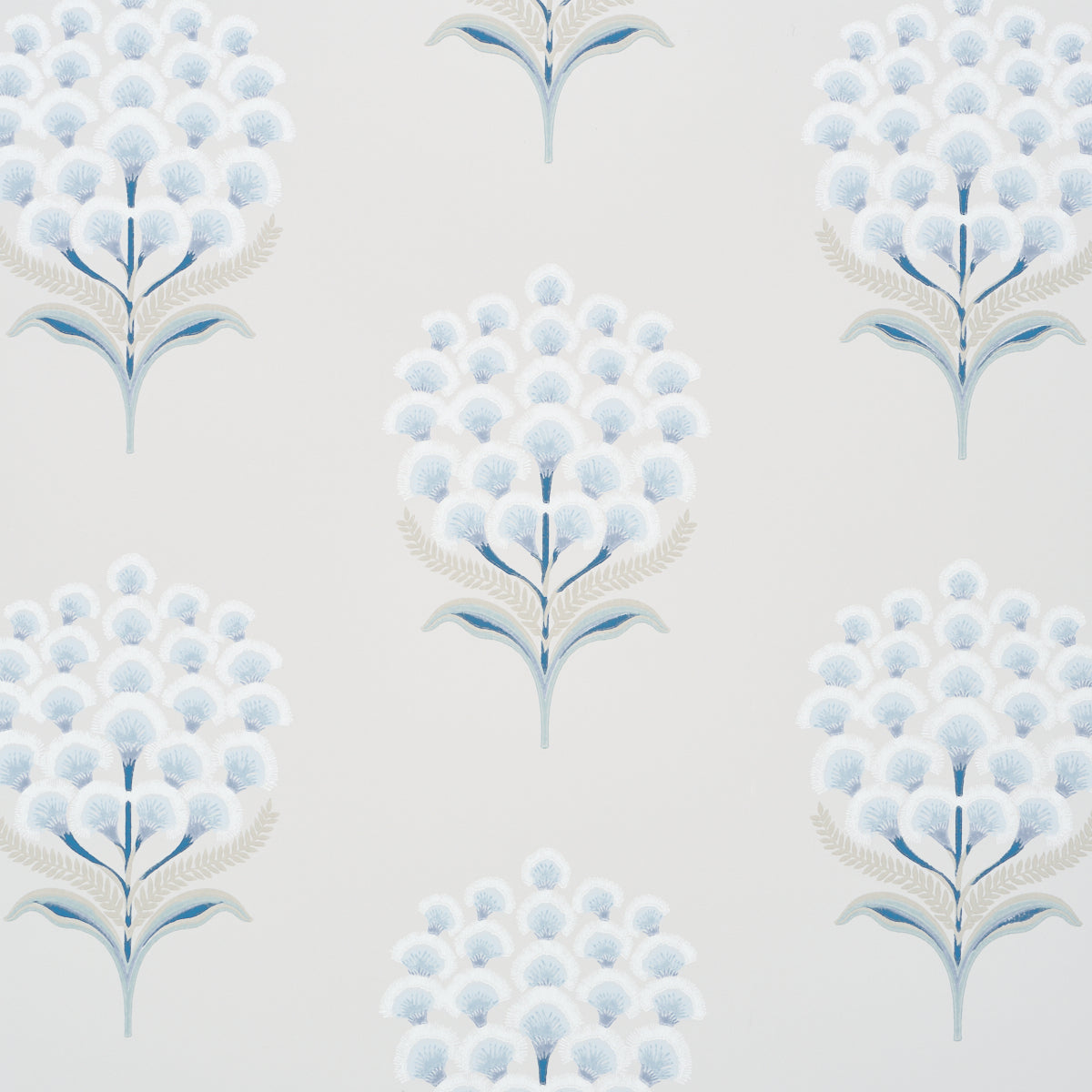 Aurelia Porcelain wallpaper by Schumacher featuring large-scale stylized blue and white blossoms in a botanical pattern.