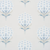 Aurelia Porcelain wallpaper by Schumacher featuring large-scale stylized blue and white blossoms in a botanical pattern.