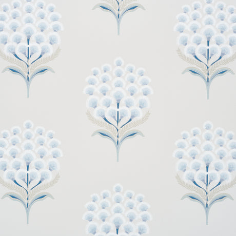 Aurelia Porcelain wallpaper by Schumacher featuring large-scale stylized blue and white blossoms in a botanical pattern.