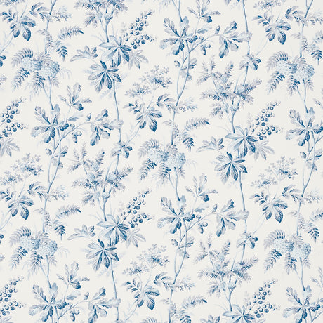 Brantwood Vine porcelain blue botanical wallpaper with leafy branches, acorns, pine cones, and berries by Schumacher