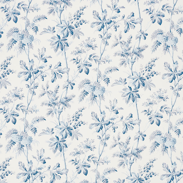 Brantwood Vine porcelain blue botanical wallpaper with leafy branches, acorns, pine cones, and berries by Schumacher