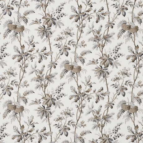 Brantwood Vine wallpaper in graphite, featuring a detailed botanical pattern of leafy branches, acorns, pine cones, and berries on a matte ground.