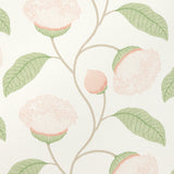 Celinda Blush stylized floral wallpaper with large-scale botanical pattern by Schumacher, shown in a bedroom setting.