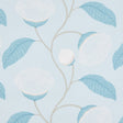 Celinda Sky stylized floral wallpaper with blue and white blossoms and leaves on a light blue background, by Schumacher.