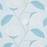 Celinda Sky stylized floral wallpaper with blue and white blossoms and leaves on a light blue background, by Schumacher.