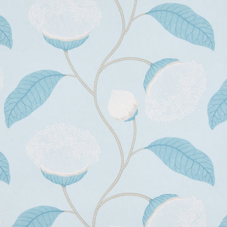 Celinda Sky stylized floral wallpaper with blue and white blossoms and leaves on a light blue background, by Schumacher.
