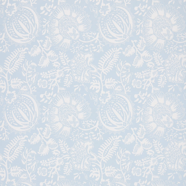 Pomegranate Print wallpaper in Sky by Schumacher, a lively medium-scale botanical surface-printed design in blue and white.