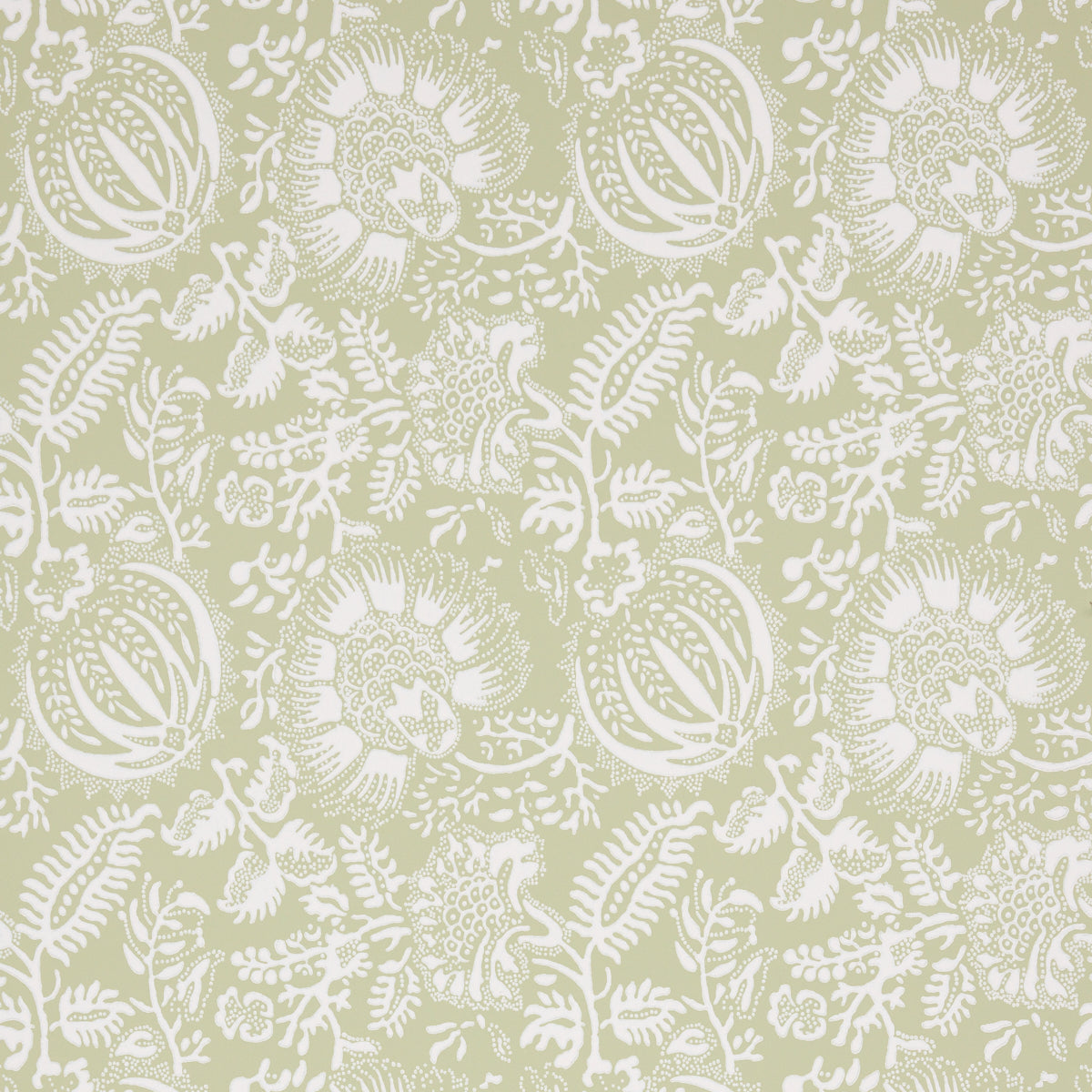 Pomegranate Print Moss wallpaper by Schumacher, a lively medium-scale botanical surface-printed design in green and white.