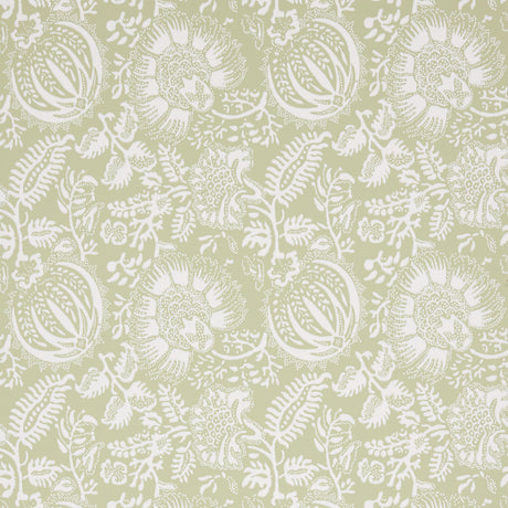 Pomegranate Print Moss wallpaper by Schumacher, a lively medium-scale botanical surface-printed design in green and white.