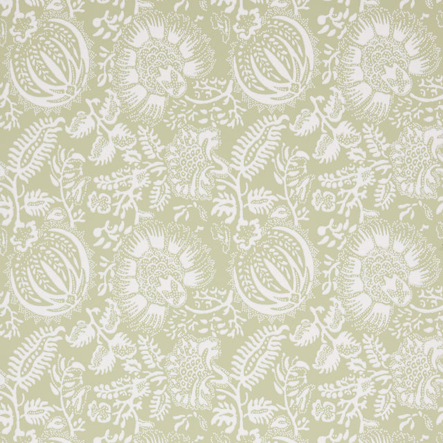 Pomegranate Print Moss wallpaper by Schumacher, a lively medium-scale botanical surface-printed design in green and white.