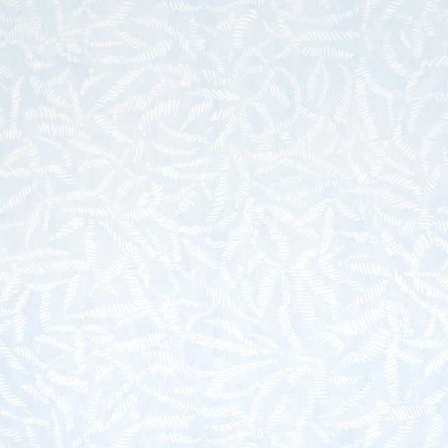 Leaf Bloom Sky wallpaper by Schumacher features a graphic, textural leaf pattern in a soft blue colorway, ideal for modern and transitional interiors.