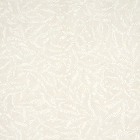 Leaf Bloom wallpaper in a neutral colorway with a graphic, feathery pattern, styled in modern interiors.
