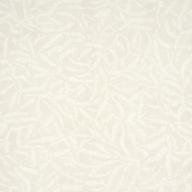 Leaf Bloom wallpaper in a neutral colorway with a graphic, feathery pattern, styled in modern interiors.