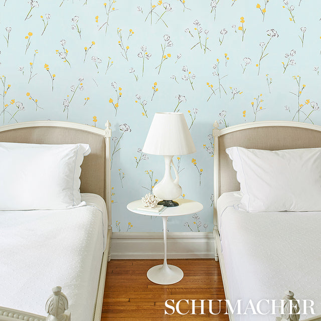 Alex's Floral Mist Blue by Schumacher Painterly Floral Wallpaper – Schumacher 5016401