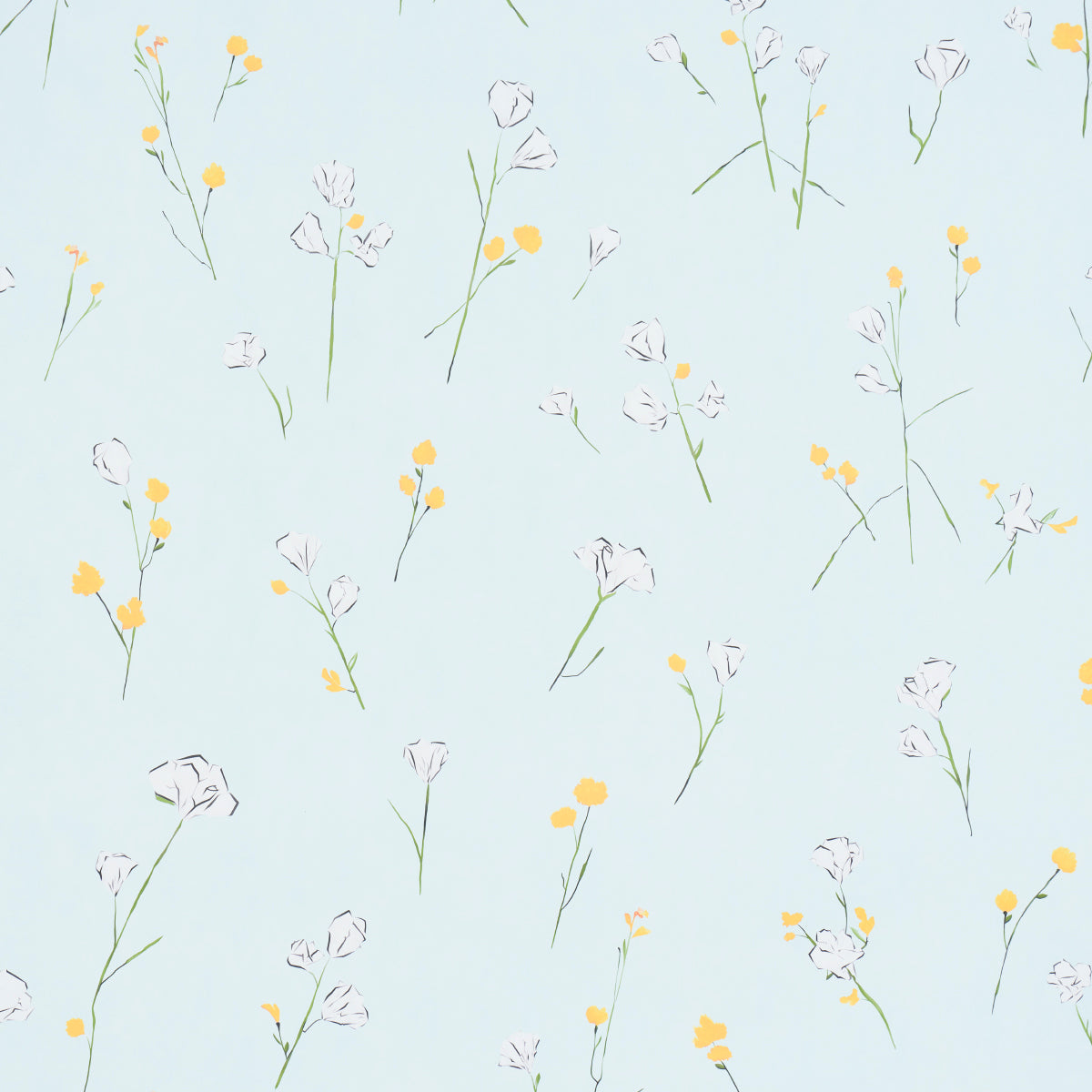 Alex's Floral Mist Blue wallpaper by Schumacher, featuring painterly oversized yellow and white flowers on a light blue background.