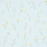Alex's Floral Mist Blue wallpaper by Schumacher, featuring painterly oversized yellow and white flowers on a light blue background.