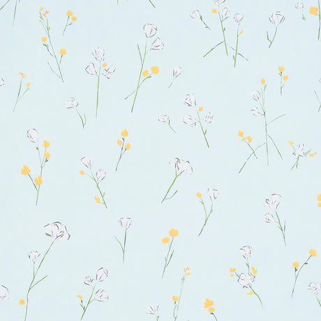 Alex's Floral Mist Blue wallpaper by Schumacher, featuring painterly oversized yellow and white flowers on a light blue background.