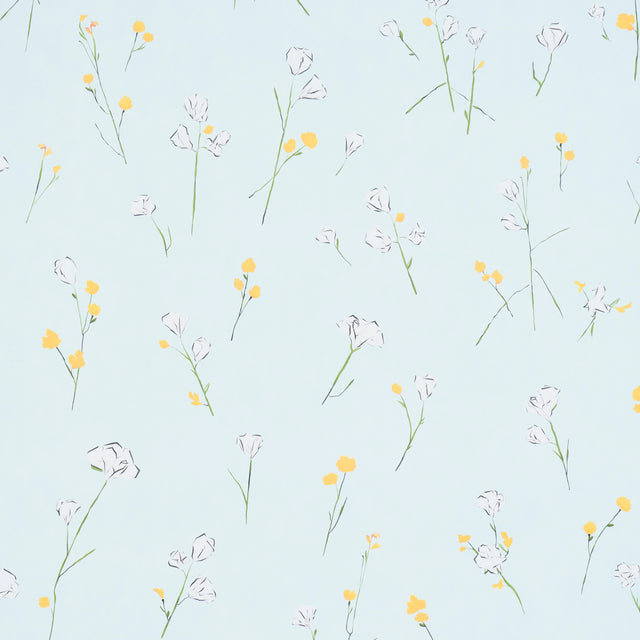 Alex's Floral Mist Blue wallpaper by Schumacher, featuring painterly oversized yellow and white flowers on a light blue background.